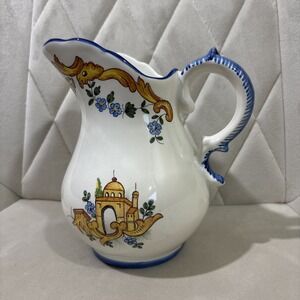 Vintage Figas Ribesalbes‎ Spain Pottery Pitcher 7"  Spanish Floral Blue Yellow